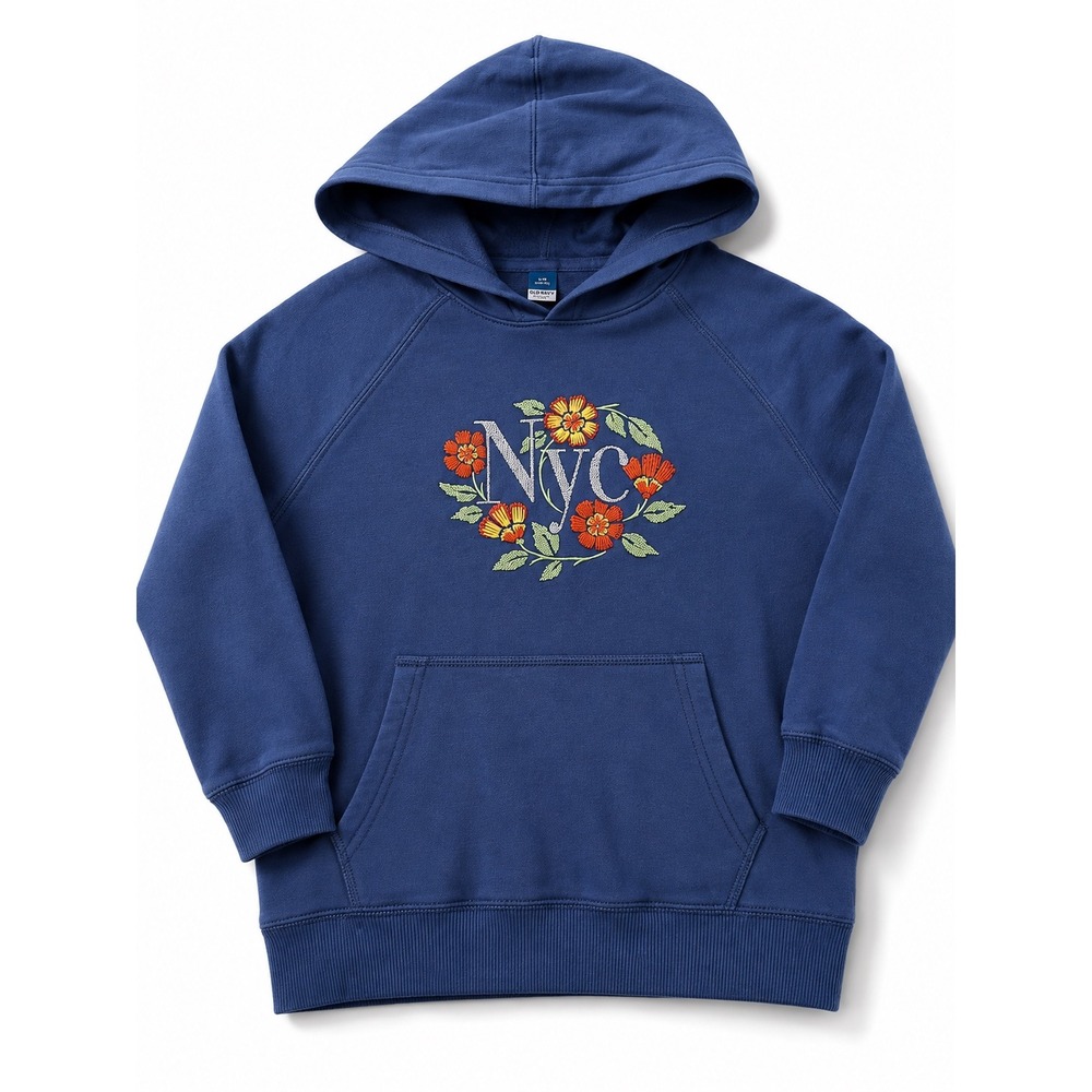 Old Navy Girls Navy Blue NYC Floral Embroidered Oversized Hoodie Sweatshirt Sz 8